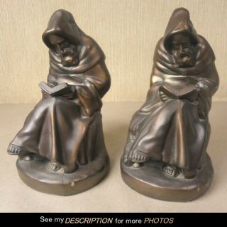 Antique Pair Signed Armor Bronze Bookends Monk Reading