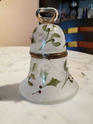 Antique Frosted Bell Shaped Art Glass Trinket Box With Jeweled Holly & Mistletoe
