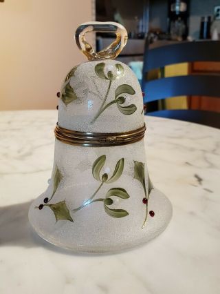 Antique Frosted Bell Shaped Art Glass Trinket Box With Jeweled Holly & Mistletoe 3