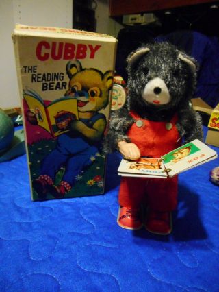 Vintage Cubby The Reading Bear Tin Windup Toy W Box Alps