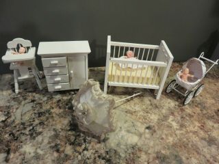Vintage 5 Doll House Furniture Wood Dresser,  Crib,  Wicker Buggy,  High Chair 3 Baby