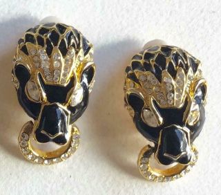 Panther Vintage Earrings Black Enamel Rhinestones Door Knockers