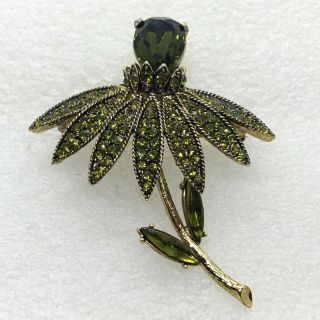 Signed Hollycraft Vintage Lovely Flower Brooch Pin Green Rhinestone Jewelry