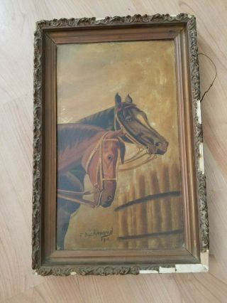 Antique Primitive Folk Art Painting Of Horses 1918 John Richmond 14 X 21.  5