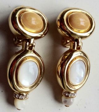 St John Vintage Earrings Haute Couture Coral Mother Of Pearl Cabochon Rhinestone