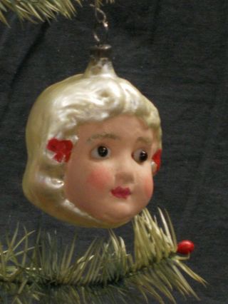 Antique/vintage German Glass Figural Christmas Ornament,  " Girl W/red Bows " Gc,  Nr