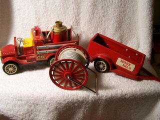 Vintage Tin - Japan - Model T /a - Ford Fire Truck With Trailer - -