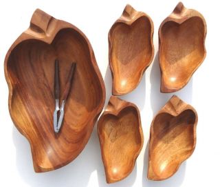 Vintage Leaf Shaped Wood / Wooden Hand Made In Philippines Nut Bowl Set
