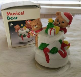 Christmas Musical Figurine Vintage Teddy Bear With Toys Wind Up