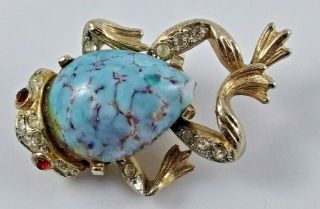 Vintage Silver Tone Jelly Belly Rhinestone Frog Blue Polished Stone Brooch Pin