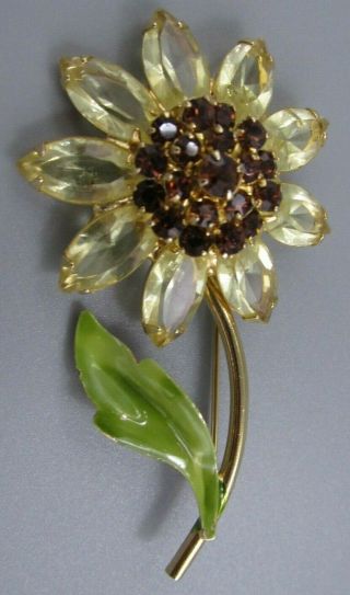 High End Vintage Jewelry Burnt Amber Stacked Flower Brooch Pin Rhinestone E