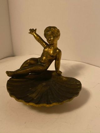 Vintage Solid Brass? Scallop Sea Shell W Naked Cherub.  Ashtray Or Dish.
