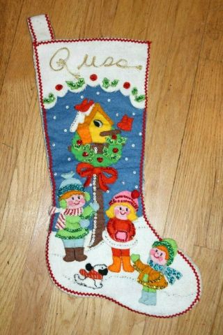 Finished/completed Felt Christmas Stocking Bucilla Winters Playmates Vintage