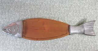 Vintage French 90cm Long Salmon Fish Serving Platter 35 " Wood / Silver Metal