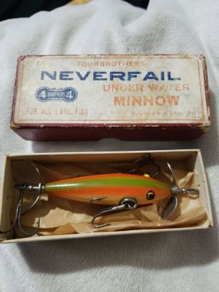 1910s Vintage Pflueger Four Brothers Never Fail Under Water Minnow W/box