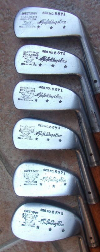 6 Matching Antique Vintage Spalding Kro Flite Hickory Wood Shaft Golf Clubs