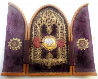 Rare Antique Reliquary Triptych Box W Crucifixion Relic Wood From The Holy Cross