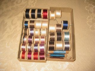 35 Vintage Small Wood Spools Thread Many Silk,  Corticelli,  Richardson Etc