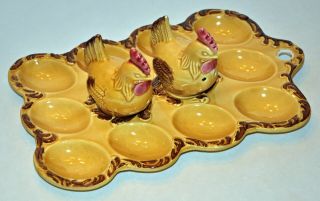 Vintage Ceramic Deviled Egg Tray - Plate W/ Chicken Salt & Pepper Shakers - Japan