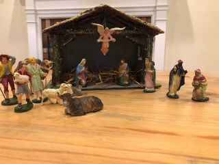 Vintage Nativity Set Figurines Italy Mary Joseph Magi Shepherds Stable No Jesus