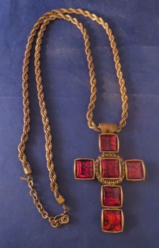 Handmade Sarah Cavender Metalworks Antique Brass Red Cross Pendant Necklace
