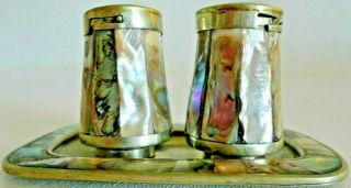 Vtg - Mother Of Pearl Salt & Pepper Shakers With Silver Tray - Made In Mexico