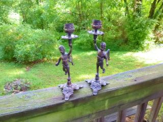 Antique Bronze Metal Cherub Angel Candlestick Holders 20 