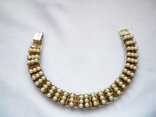 Vintage Faux Pearl Rows Gold Tone Mesh Link Chain Bracelet