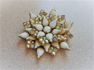 Large Vintage Rhinestone Flower Pin Brooch With White Glass And Ab Stones