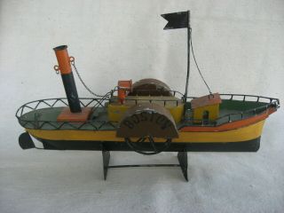 Antique Boston Tin Paddlewheel Toy Boat 14 " Folk Art