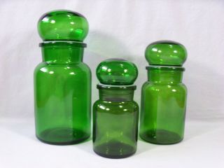Vintage Set Of 3 Green Art Deco Glass Apothecary Bottle/jars W/ Ball Seal Lids