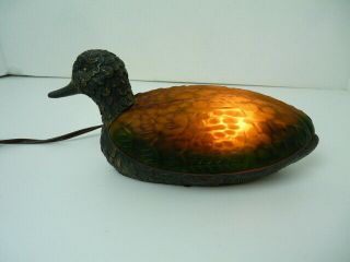 Vintage Amber & Green Glass Duck Cast Iron Base Electric Night Light / Desk Lamp