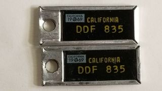 Vintage Matching Pair 1969 California Dav License Plate Key Chain Tag Black Plt