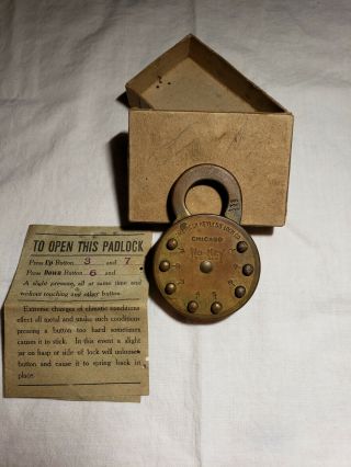 Rare Antique No - Key Padlock American Keyless Lock Co Of Chicago W/ Box