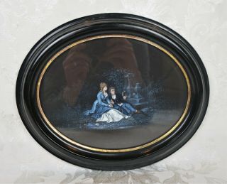Antique Oval Victorian Oil Painting On Cloth Of Romantic Couple Man And Woman