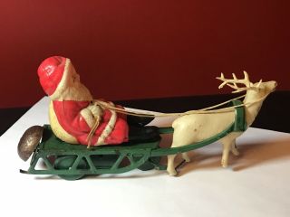 Vintage Wind Up Celluloid Santa Claus On Sleigh With Reindeer Japan