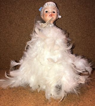 Vintage Feather Angel Tree Topper Porcelain Head White Feathers 7 - 1/2”