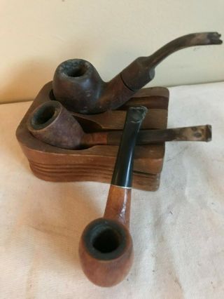 3 Old Smoking Tobacco Pipes & Wooden Rack Tray