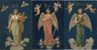 Angels Set Of 3: Faith,  Hope Charity Postcard Vintage Post Card