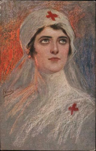 Women Red Cross A Young Nurse Looking Upwards.  Postcard 5c Stamp Vintage