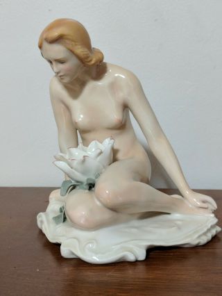 Karl Ens Volkstedt Art Deco Nude Woman With Flower Porcelain Figurine