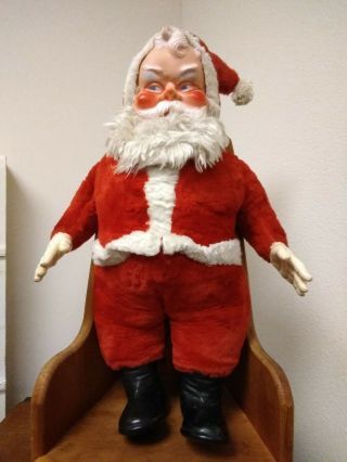 Vintage Plush Chubby Santa Claus With Rubber Face,  Hands,  24 Inch,  1950s Or 60 