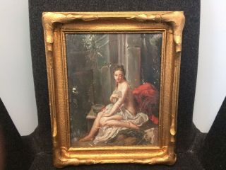19th Century Antique Oil On Board Painting,  Framed,  Nude Lady At Baths