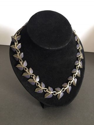 Vintage Necklace Art Deco Leaf Design Metal Silver Purple Costume Jewellery
