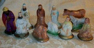 Vintage 11 Pc Set Of Christmas Nativity Scene Figurines Figures Chalk Chalkware
