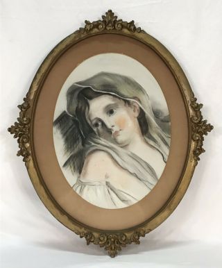 Antique Pastel Portrait Drawing Young Woman Gold Oval Frame