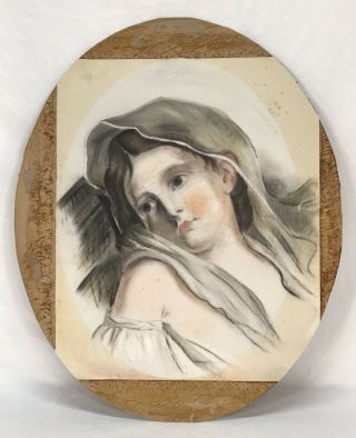 Antique Pastel Portrait Drawing Young Woman Gold Oval Frame 2