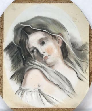 Antique Pastel Portrait Drawing Young Woman Gold Oval Frame 3