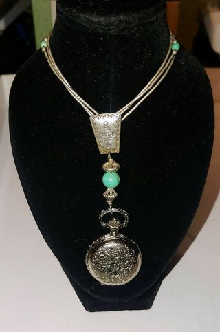 Vintage Navajo Turquoise Sterling Silver Necklace With Pocket Watch Pendant