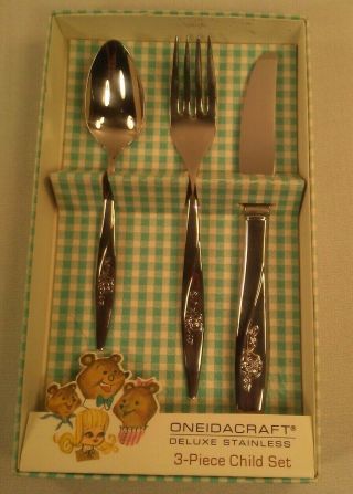 Oneidacraft Deluxe Stainless 3 - Piece Child Set Vintage Knife Fork Spoon Rose Box